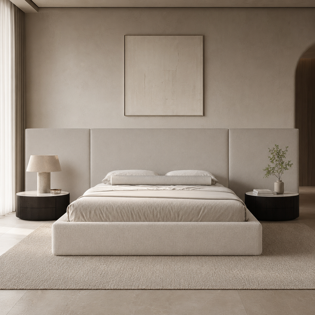 Luxury upholstered bed with modern headboard in neutral tones, styled in minimalist bedroom with side tables and art