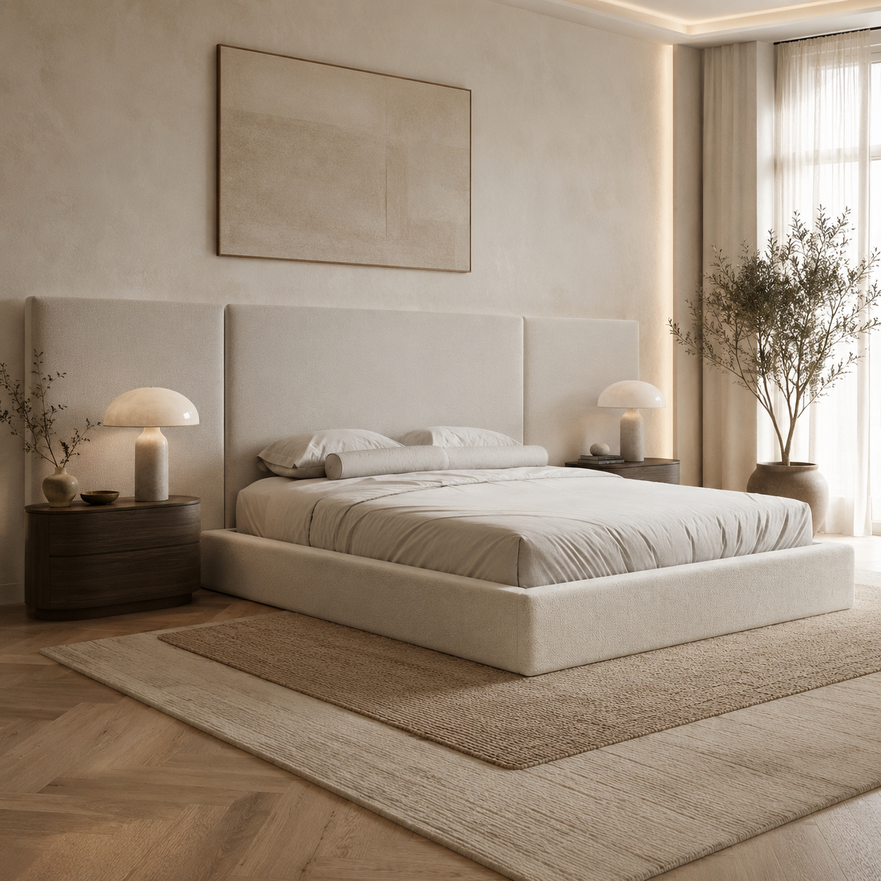 Luxury beige upholstered bed with modern headboard, bedside tables, and ambient lighting in neutral bedroom