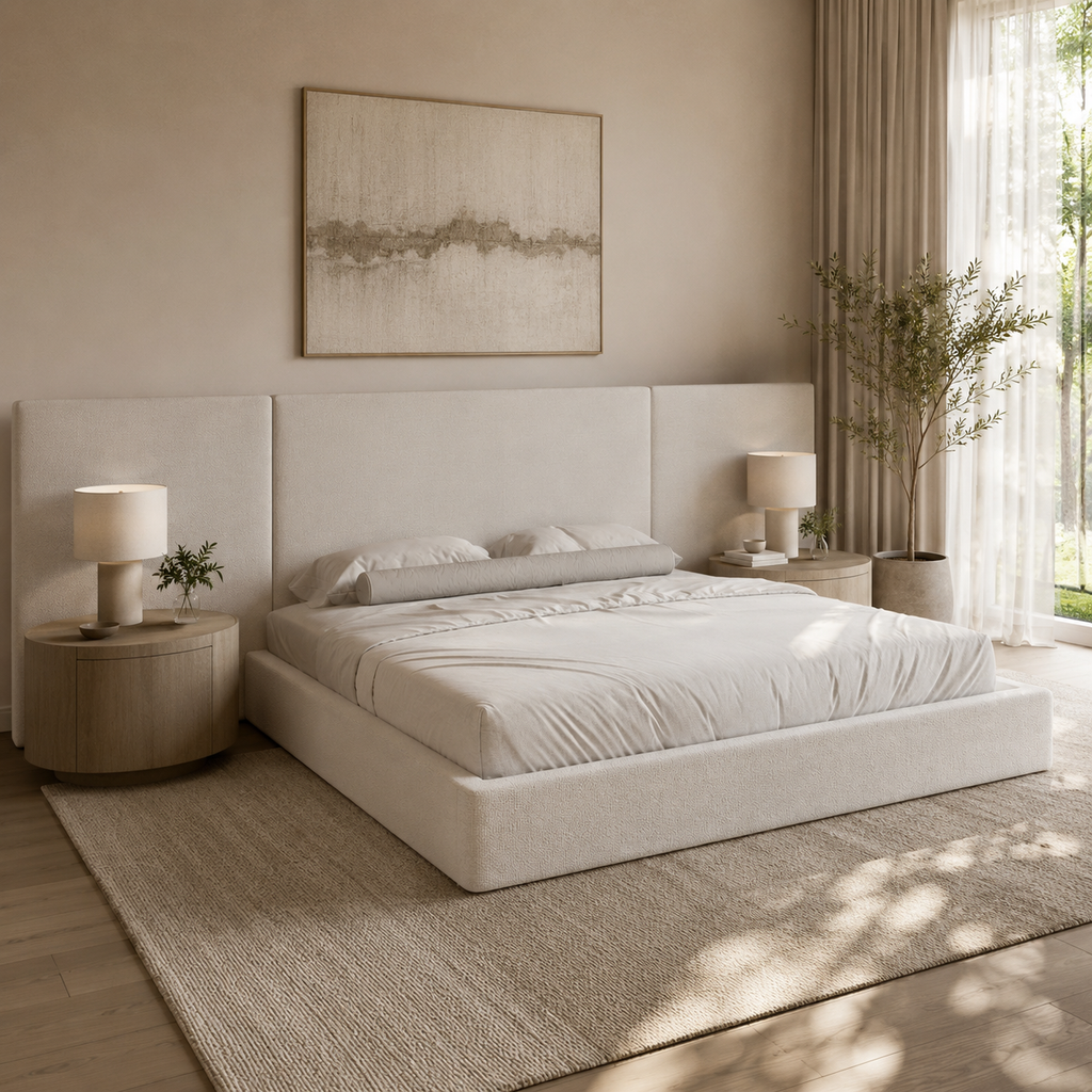 Luxury upholstered bed with modern headboard, neutral bedding, and bedside tables in serene bedroom