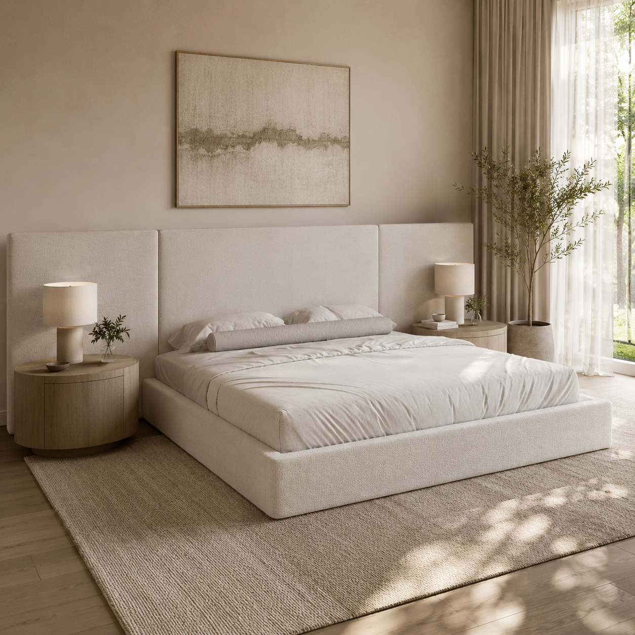 Luxury upholstered bed with modern headboard, neutral bedding, and bedside tables in serene bedroom
