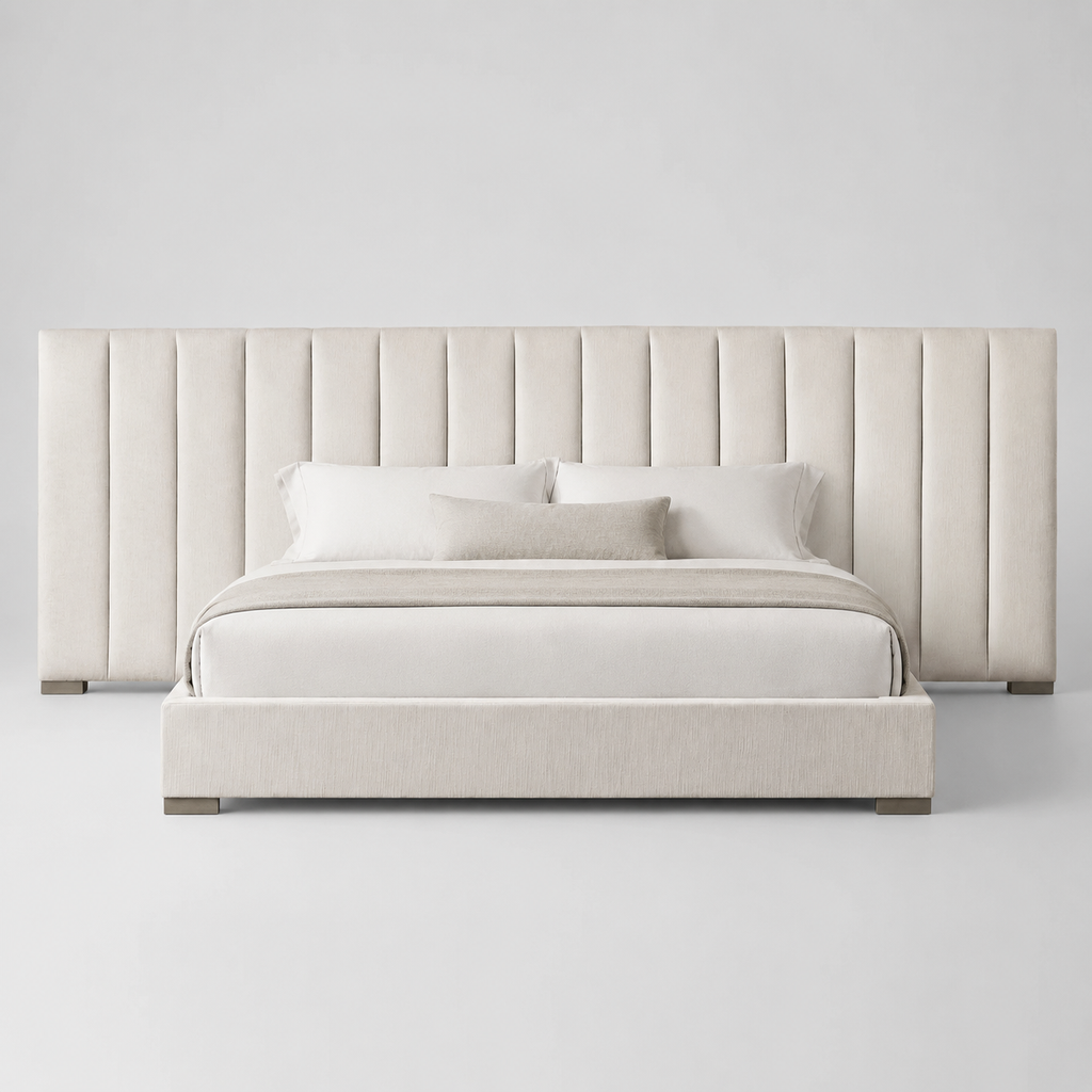 Luxury upholstered bed with tall panel headboard, neutral bedding, modern bedroom furniture