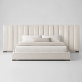 Luxury upholstered bed with tall panel headboard, neutral bedding, modern bedroom furniture
