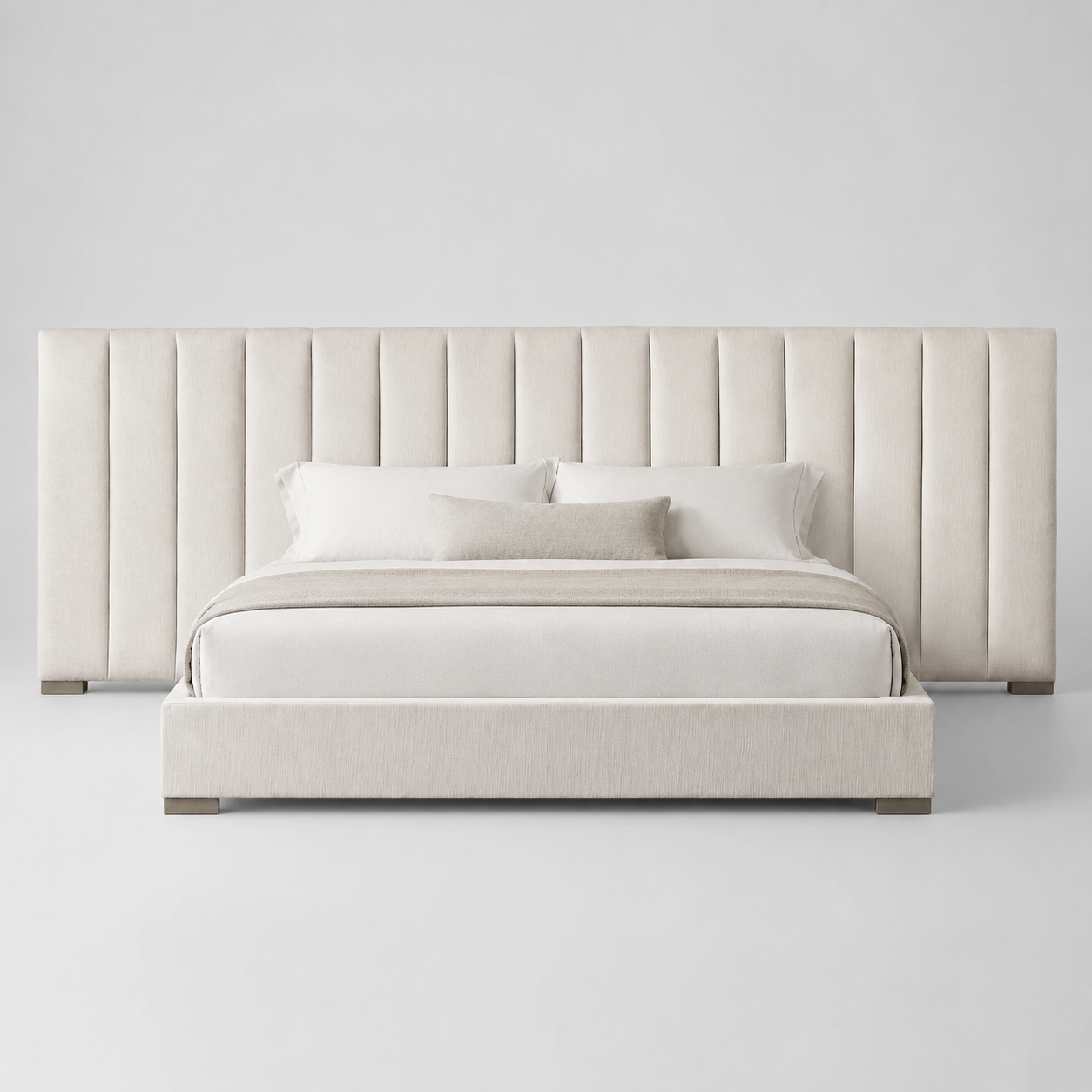 Luxury upholstered bed with tall panel headboard, neutral bedding, modern bedroom furniture