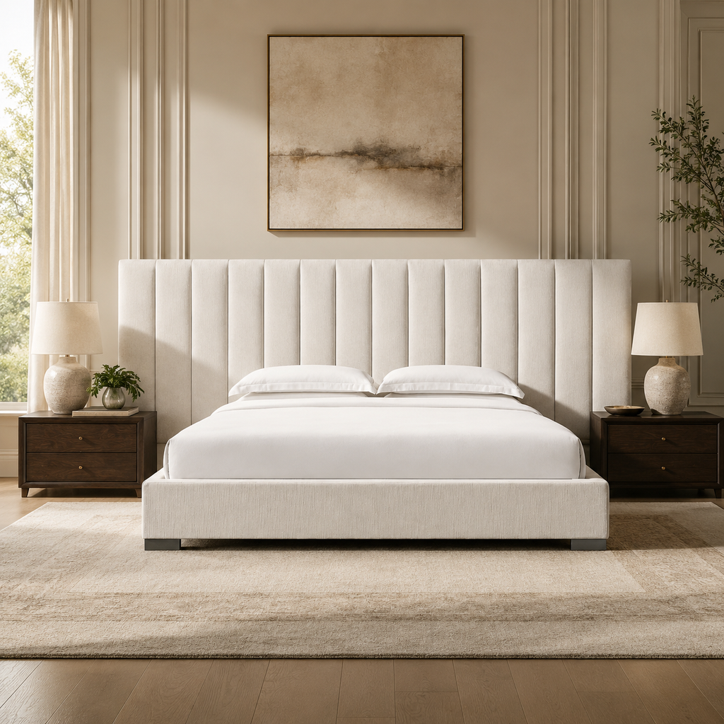 Luxury upholstered bed with tufted headboard, white linens, and dark wood nightstands in a modern bedroom