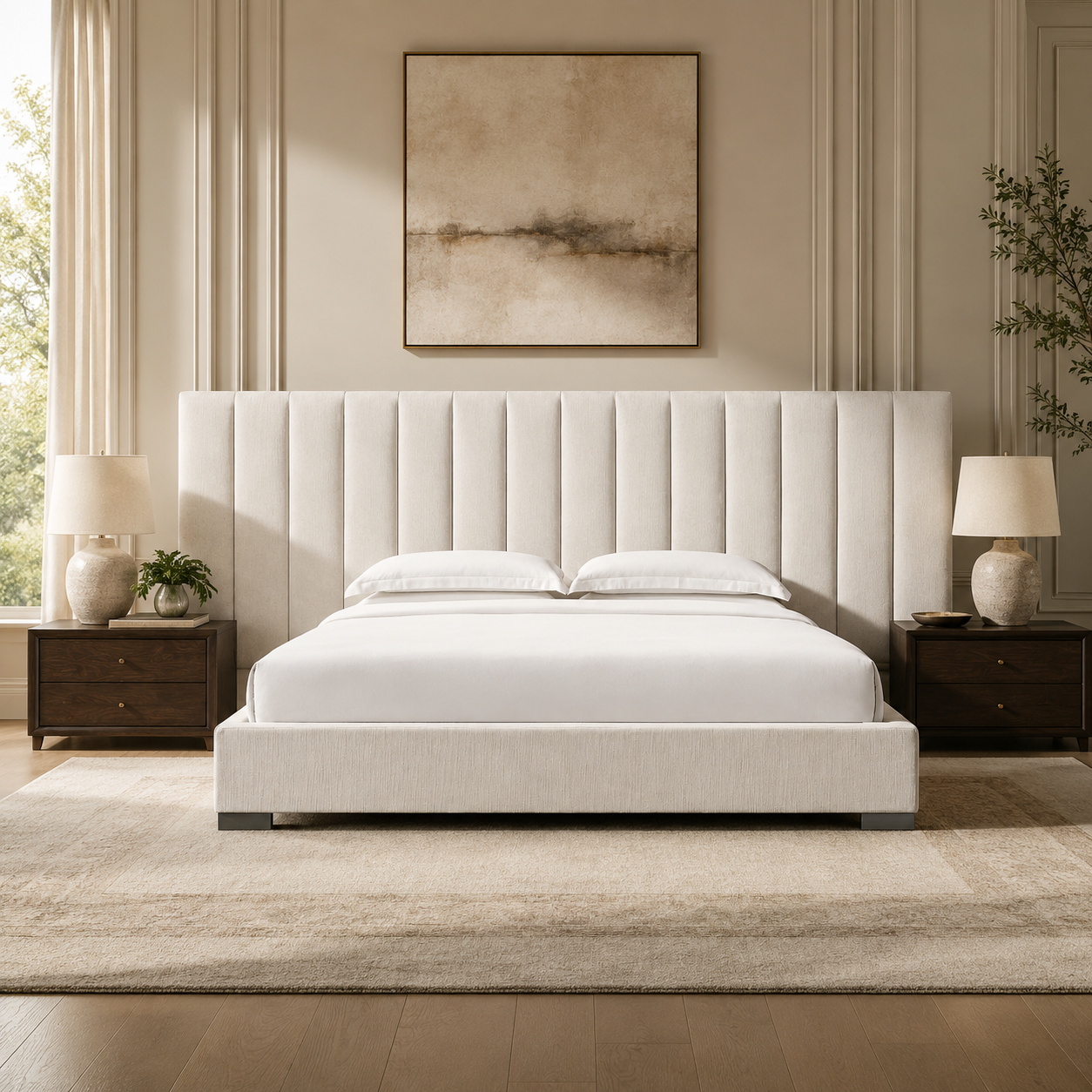 Luxury upholstered bed with tufted headboard, white linens, and dark wood nightstands in a modern bedroom