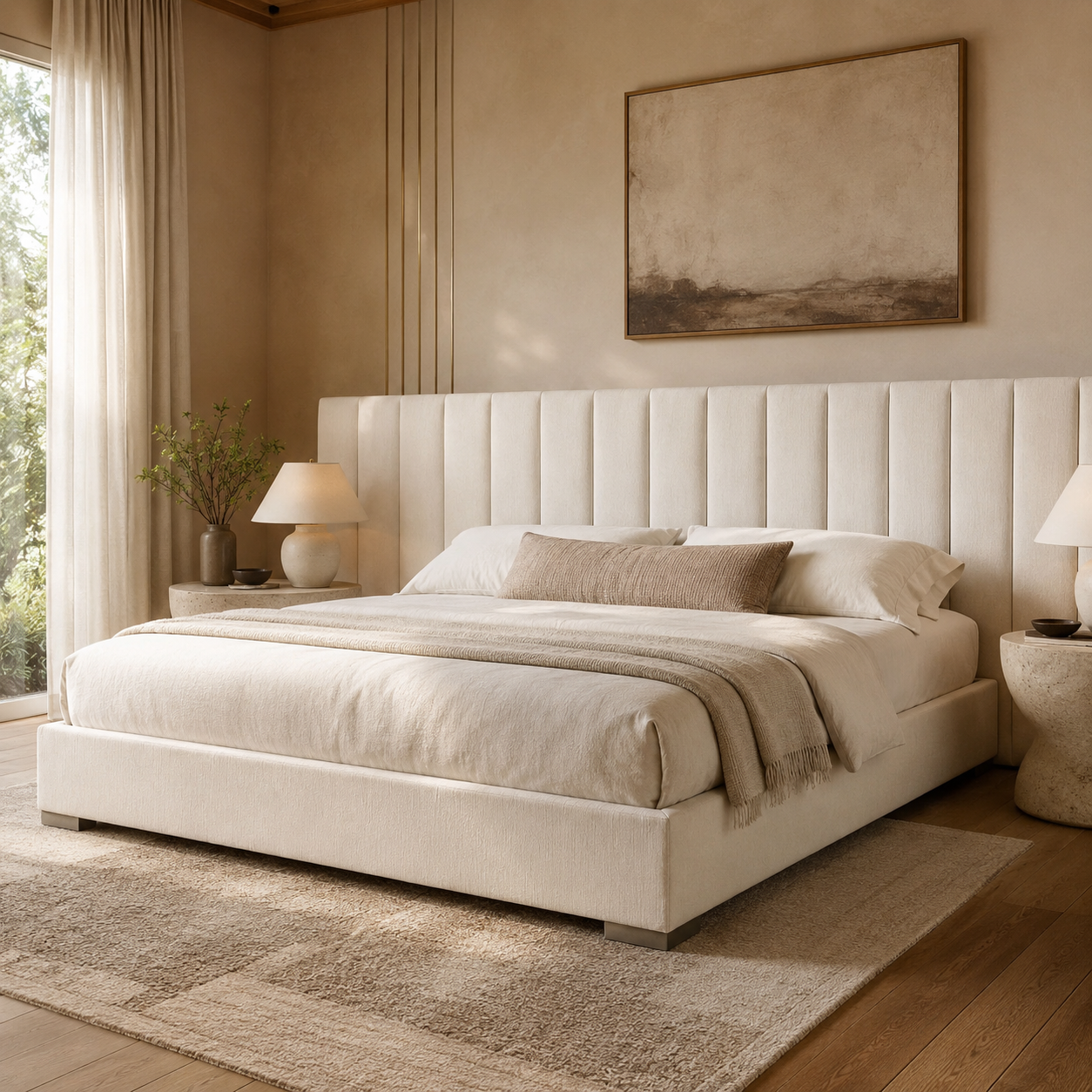 Luxury upholstered bed with tufted headboard in neutral tones, styled for modern bedroom comfort