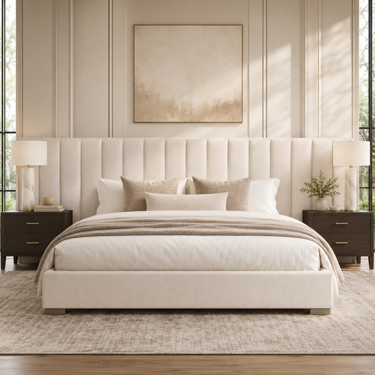 Luxury beige upholstered bed with tufted headboard, matching nightstands, and soft bedding in modern bedroom