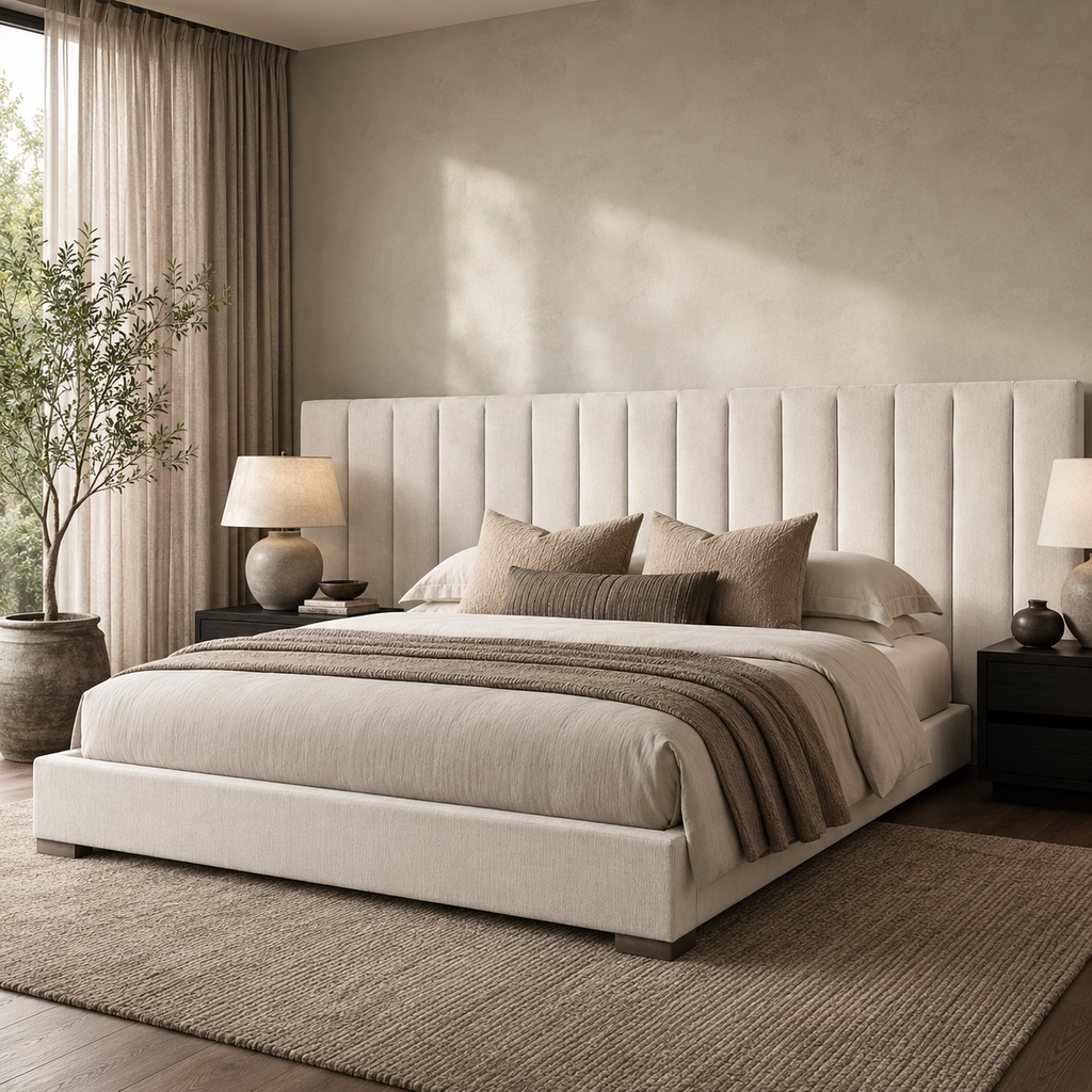 Luxury upholstered bed with tufted headboard, neutral bedding, and modern bedside lamps in a serene bedroom.