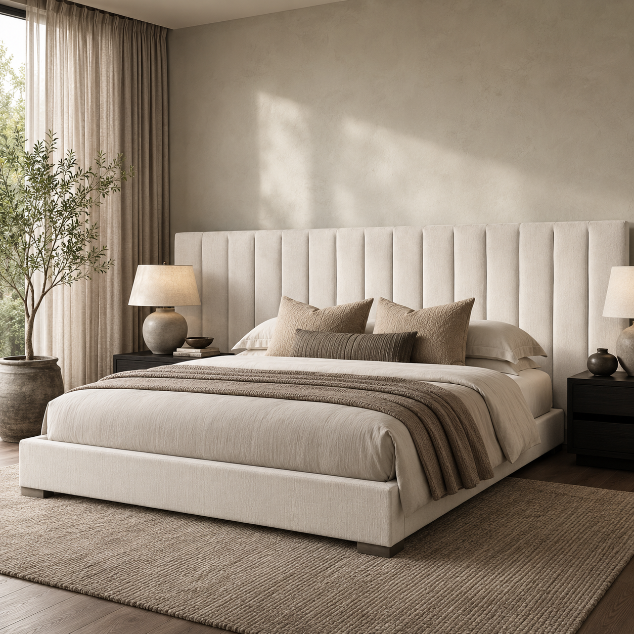 Luxury upholstered bed with tufted headboard, neutral bedding, and modern bedside lamps in a serene bedroom.