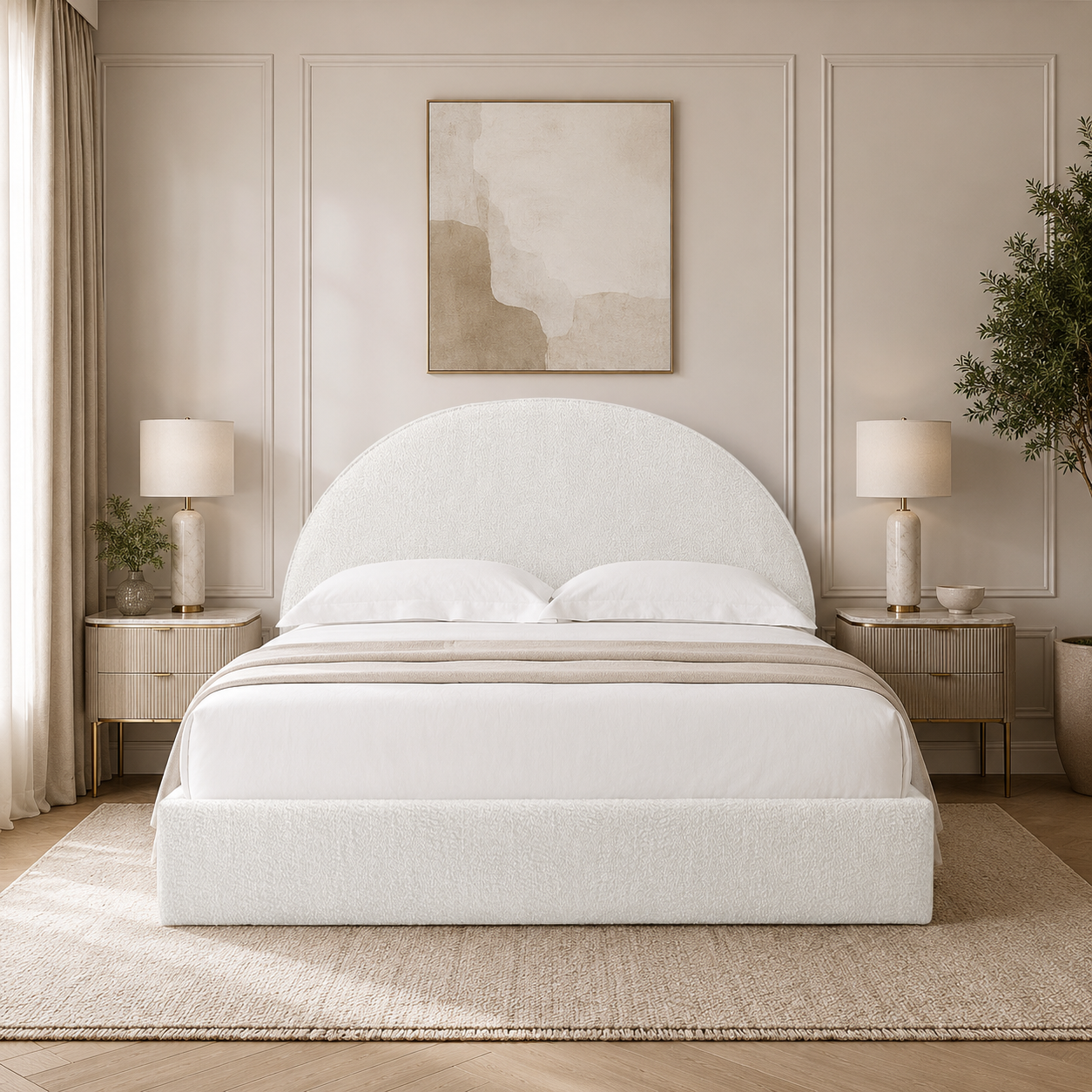 Luxury upholstered bed with curved headboard in neutral bedroom, ideal for modern UK homes