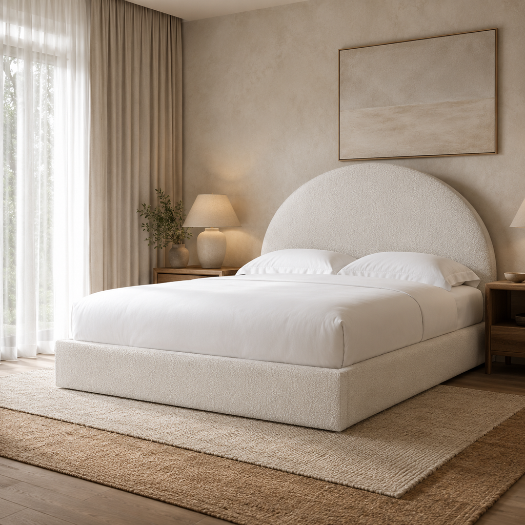 Luxury upholstered bed with curved headboard in neutral bedroom, perfect for modern interiors
