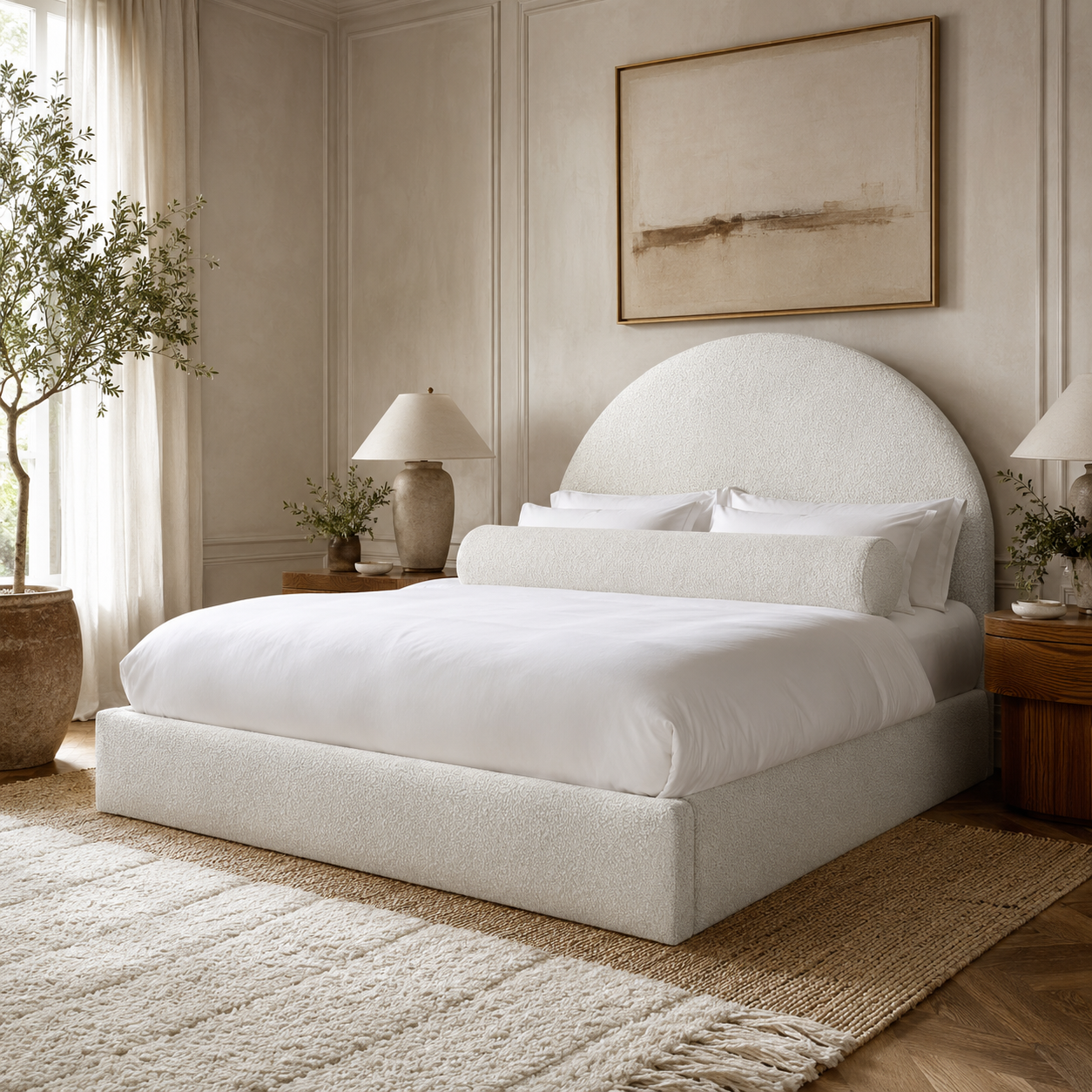 Luxury upholstered bed with curved headboard, white bedding, and cozy bedroom decor