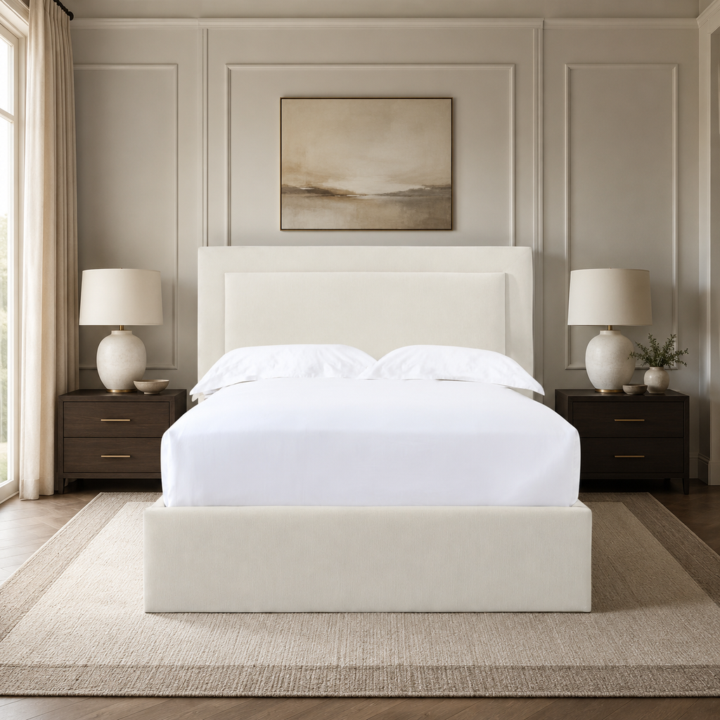 Luxury upholstered bed with white linens in elegant bedroom, modern nightstands and neutral decor