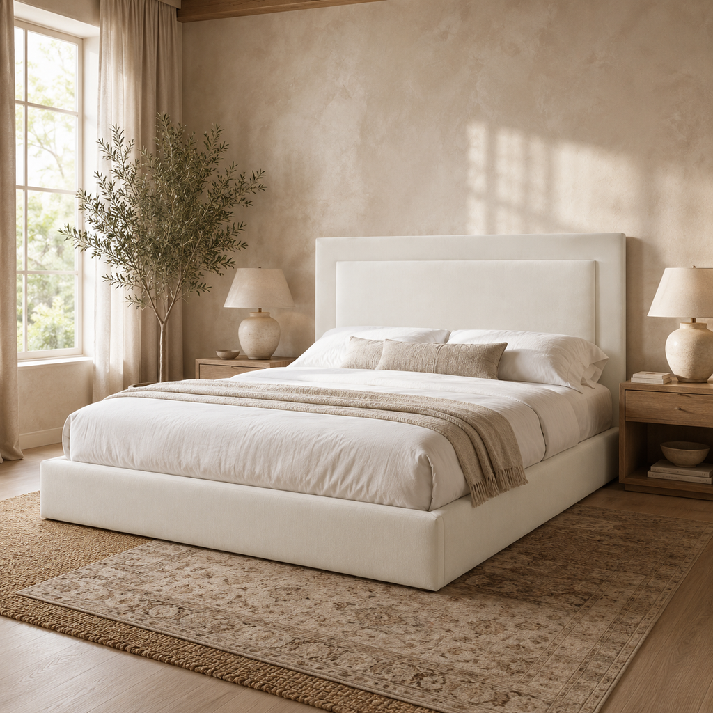 Luxury upholstered bed with white bedding, wooden nightstands, and natural light in a serene bedroom