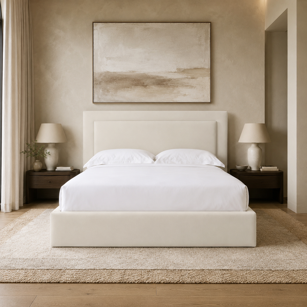 Luxury cream upholstered bed frame with white linens in modern bedroom, ideal for UK homes