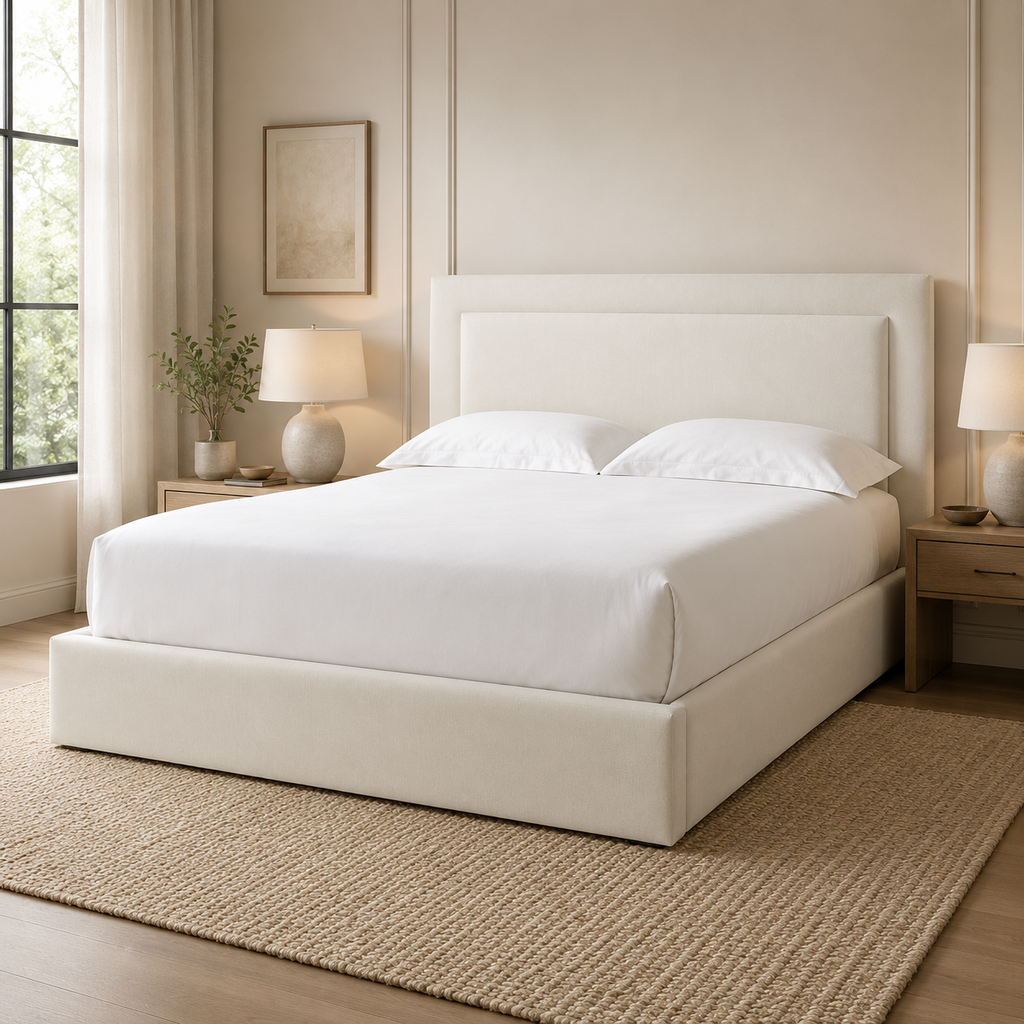 Luxury upholstered bed with white linens in modern bedroom, perfect for UK homes