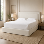 Luxury upholstered bed with white linens in modern bedroom, perfect for UK homes