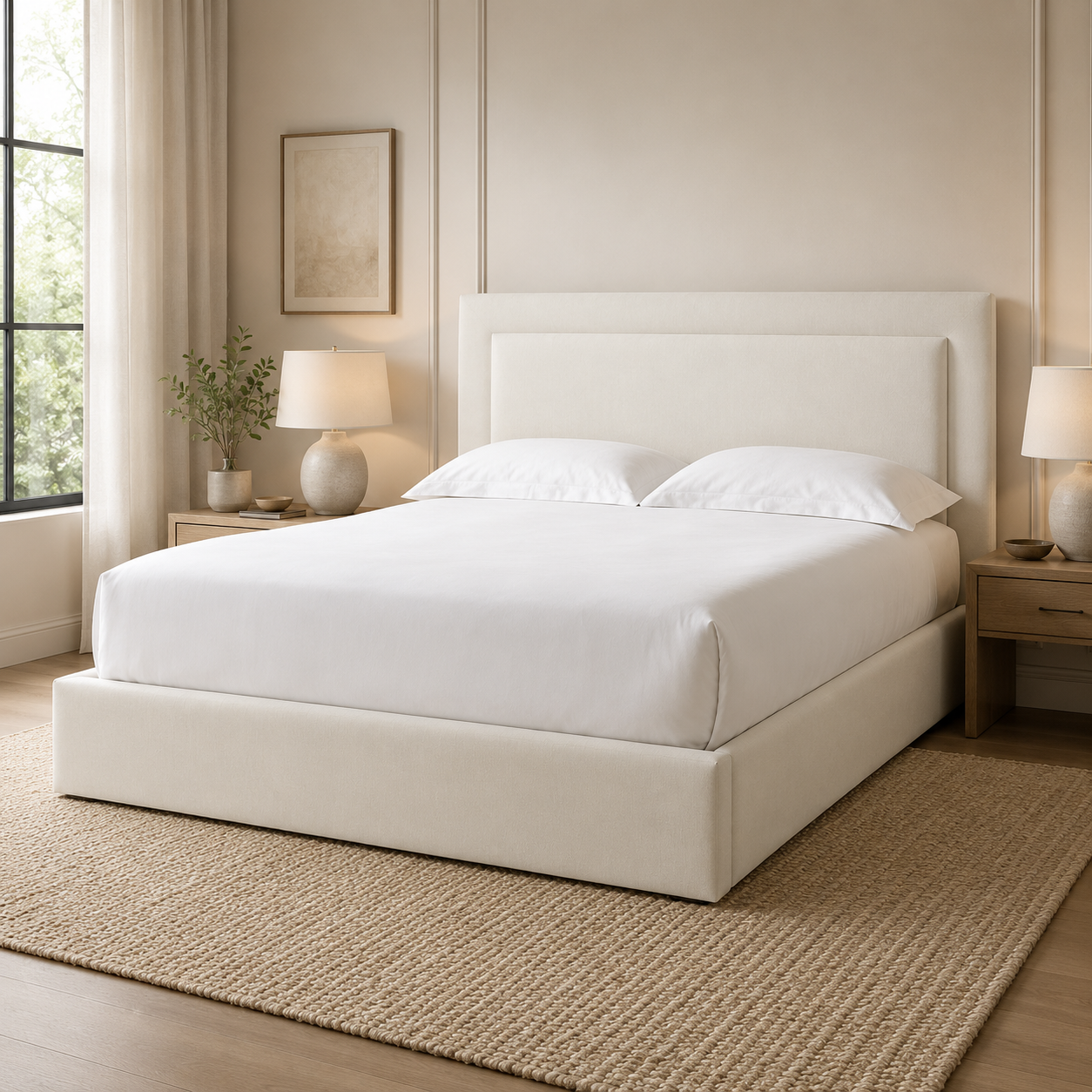 Luxury upholstered bed with white linens in modern bedroom, perfect for UK homes