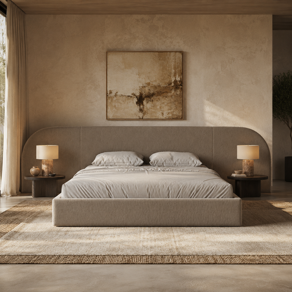 Luxury upholstered bed with curved headboard in modern bedroom, neutral tones, bedside lamps, and abstract art