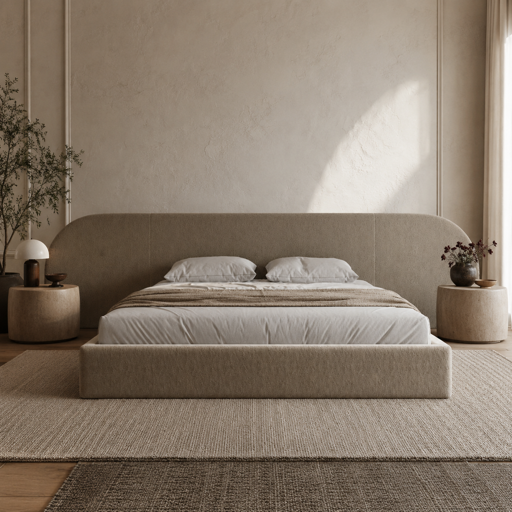 Luxury upholstered bed with curved headboard in neutral tones, styled with white linens and side tables