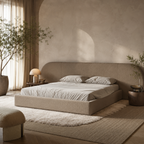 Luxury upholstered bed with curved headboard in modern bedroom, soft neutral tones and natural light