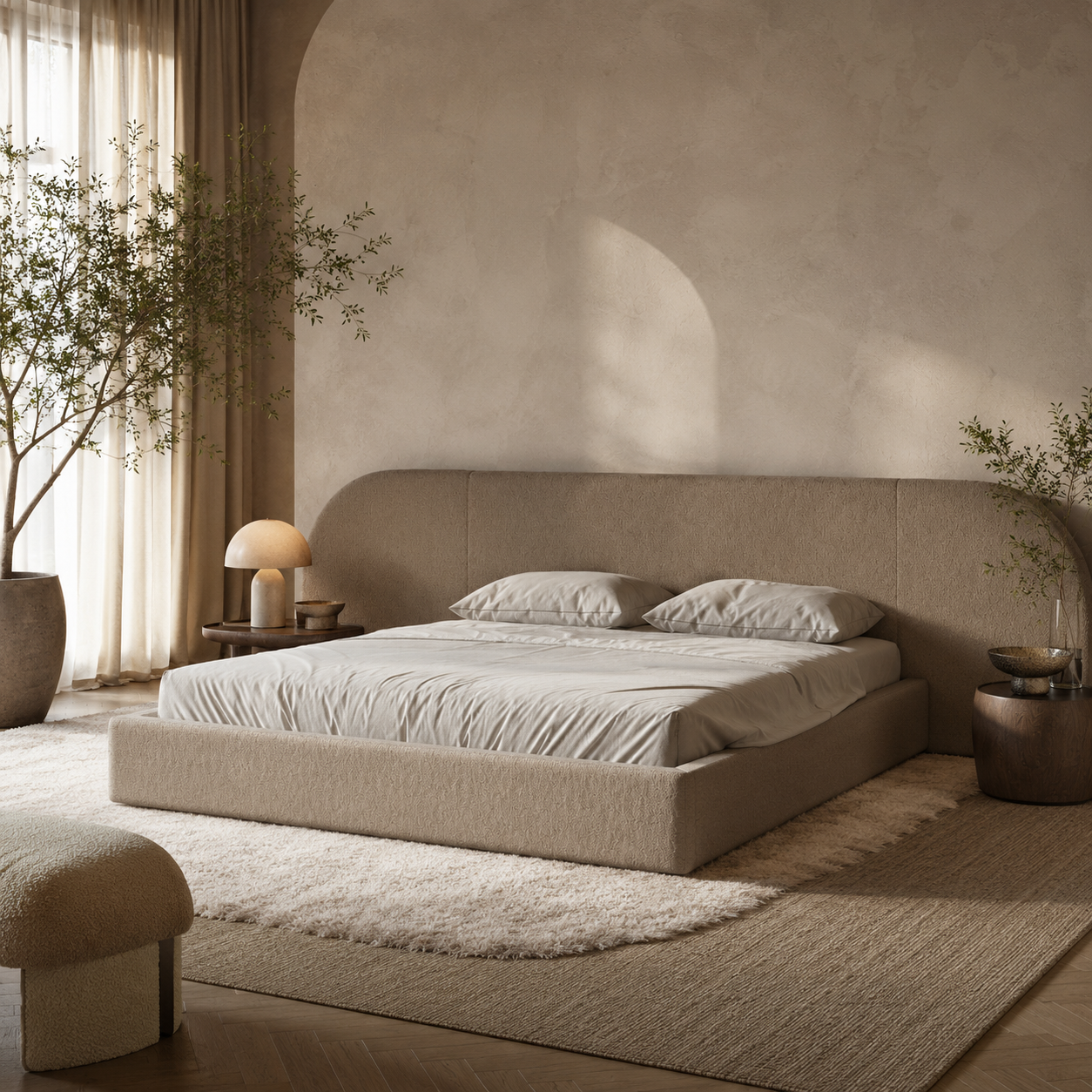 Luxury upholstered bed with curved headboard in modern bedroom, soft neutral tones and natural light