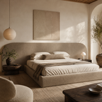 Luxury upholstered bed with curved headboard in neutral tones, styled with linen bedding and modern bedside lamps