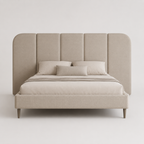 Luxury upholstered bed with tufted headboard, neutral tones, modern design for contemporary bedrooms