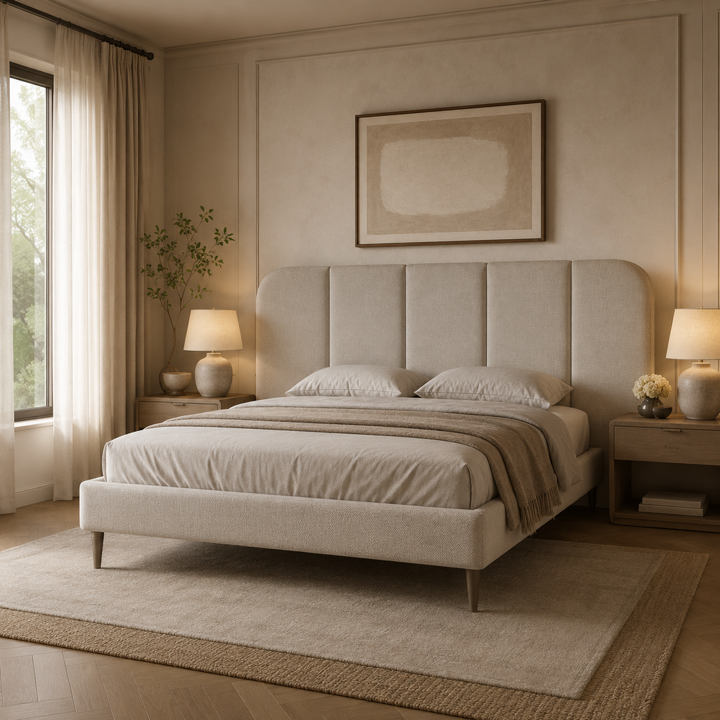 Luxury upholstered bed with tufted headboard in neutral tones, styled in modern bedroom with nightstands and soft lighting