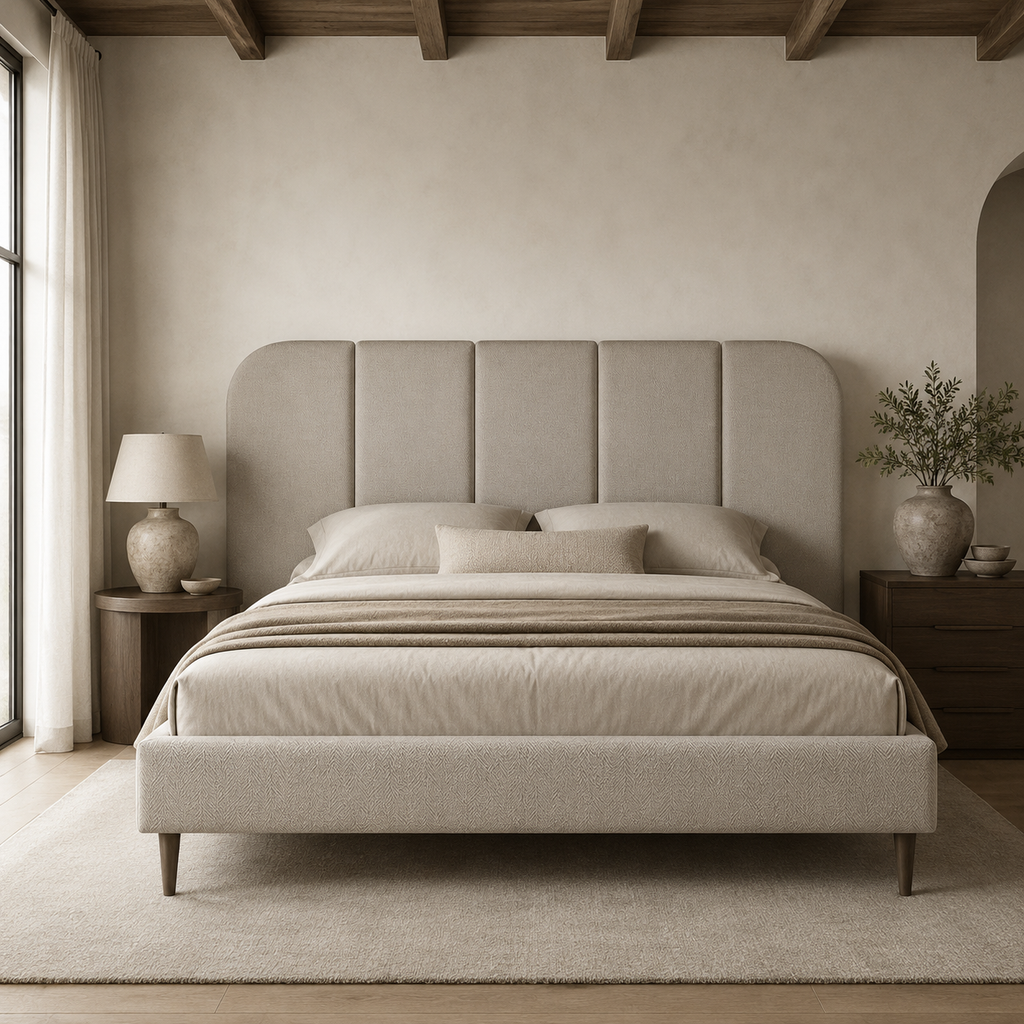 Luxury upholstered bed with tufted headboard in neutral tones, styled in modern bedroom with wooden beams