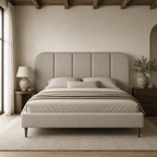 Luxury upholstered bed with tufted headboard in neutral tones, styled in modern bedroom with wooden beams