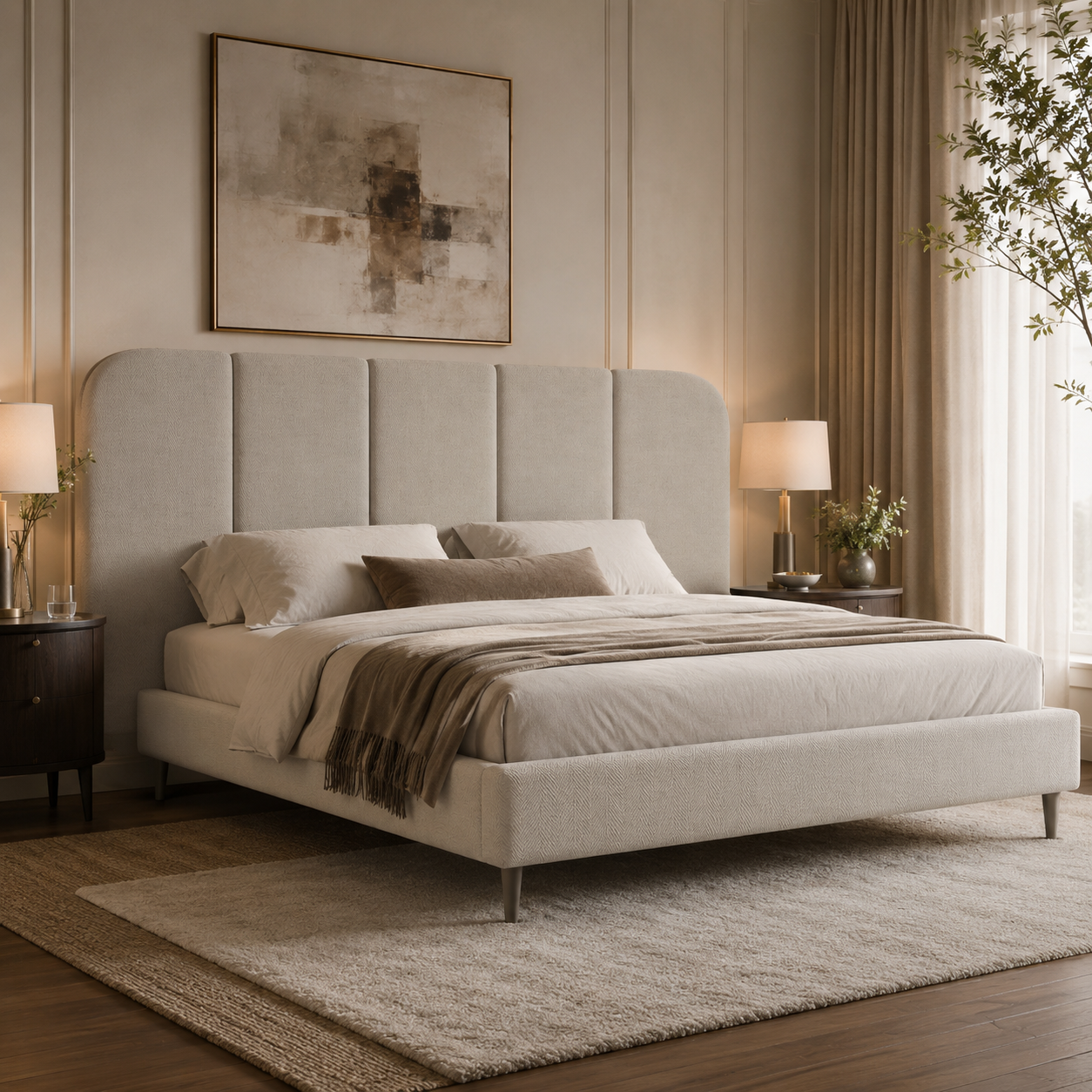 Luxury upholstered bed with tufted headboard in neutral tones, styled in modern bedroom with nightstands and art