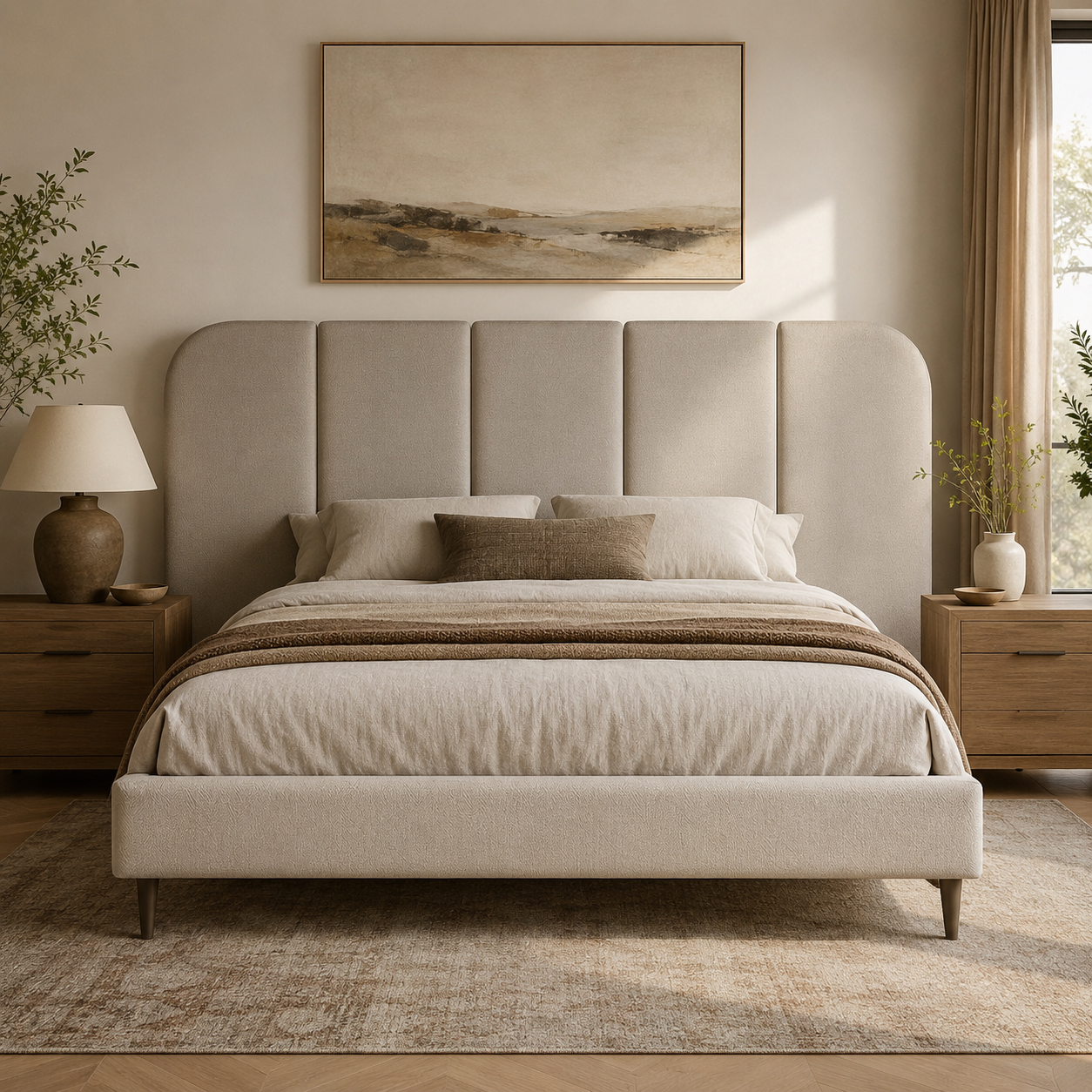 Luxury upholstered bed with tufted headboard in neutral tones, styled with bedding and bedside tables for modern bedroom