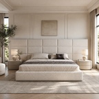 Luxury upholstered bed with tufted headboard in modern neutral bedroom, perfect for UK homes