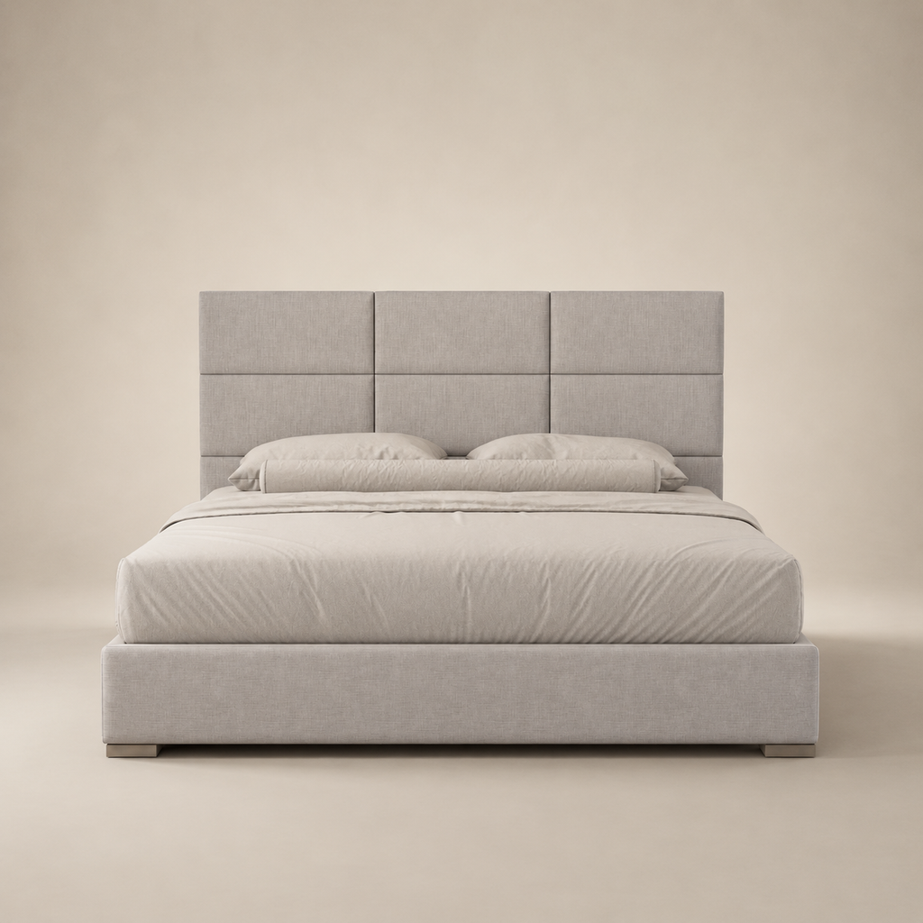 Luxury upholstered bed with tufted headboard, neutral tones, modern design for contemporary bedrooms