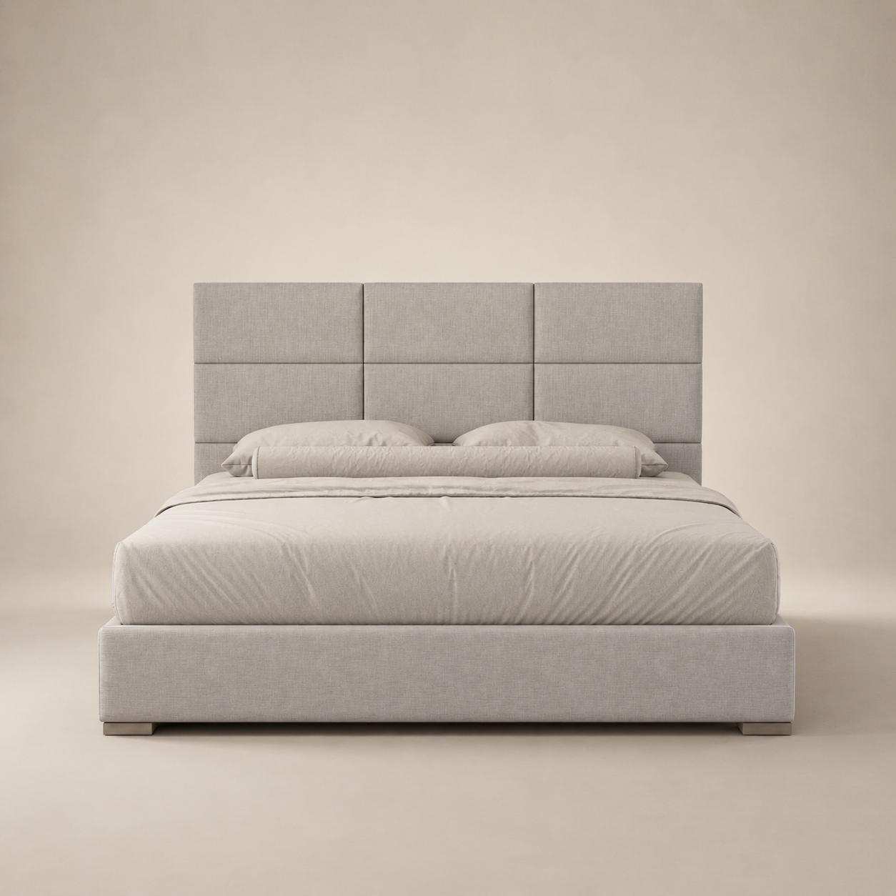 Luxury upholstered bed with tufted headboard, neutral tones, modern design for contemporary bedrooms