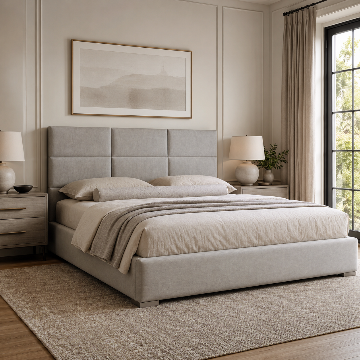 Luxury upholstered bed with tufted headboard in neutral tones, styled in modern bedroom with nightstands and art