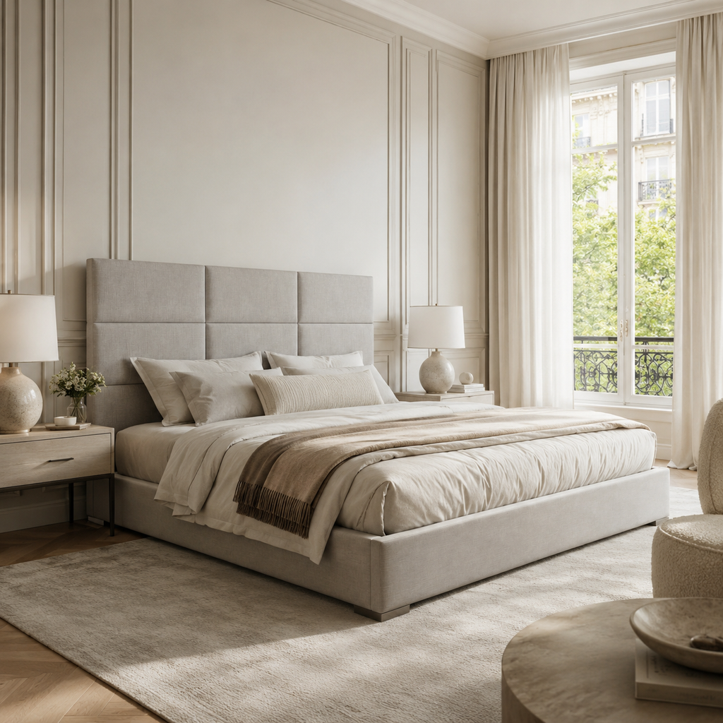 Luxury upholstered bed with tufted headboard in neutral tones, styled in elegant bedroom with natural light
