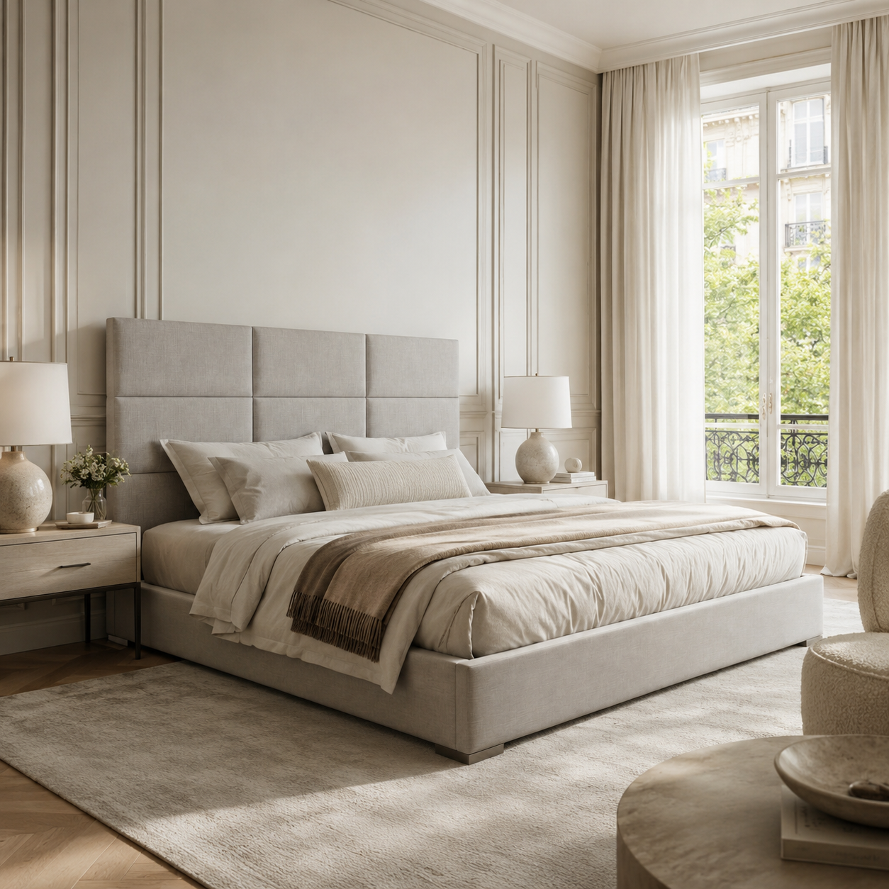 Luxury upholstered bed with tufted headboard in neutral tones, styled in elegant bedroom with natural light