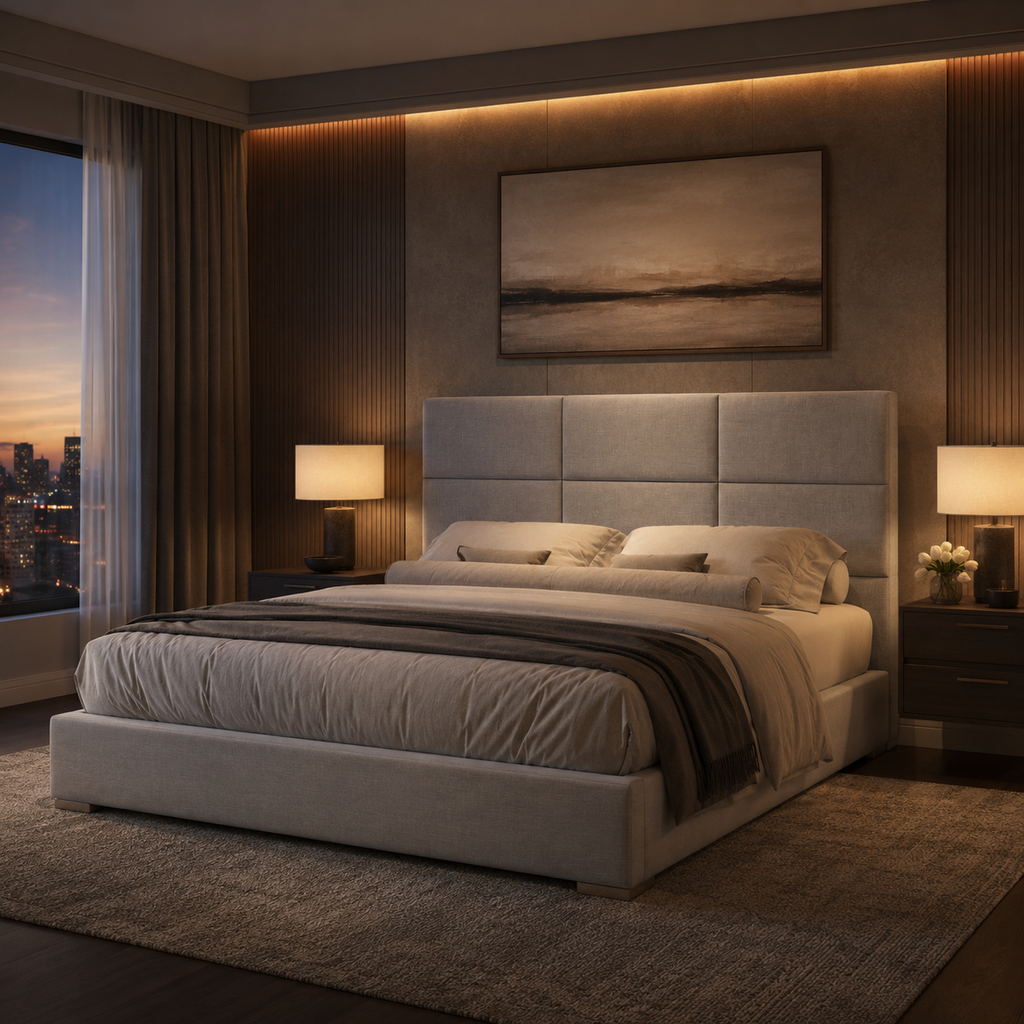 Luxury upholstered bed with tufted headboard in modern bedroom with city view and ambient lighting