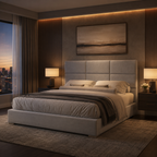 Luxury upholstered bed with tufted headboard in modern bedroom with city view and ambient lighting