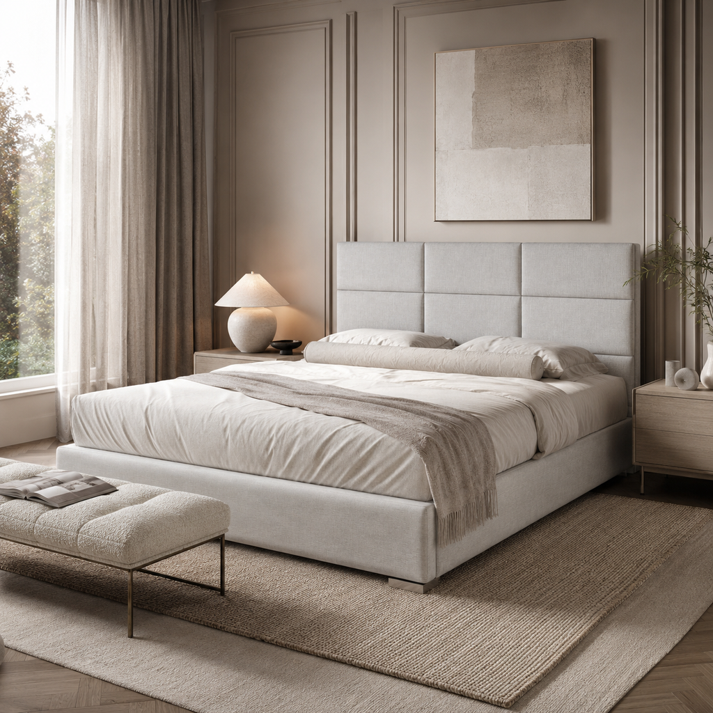 Luxury upholstered bed with tufted headboard in modern neutral bedroom, perfect for UK homes