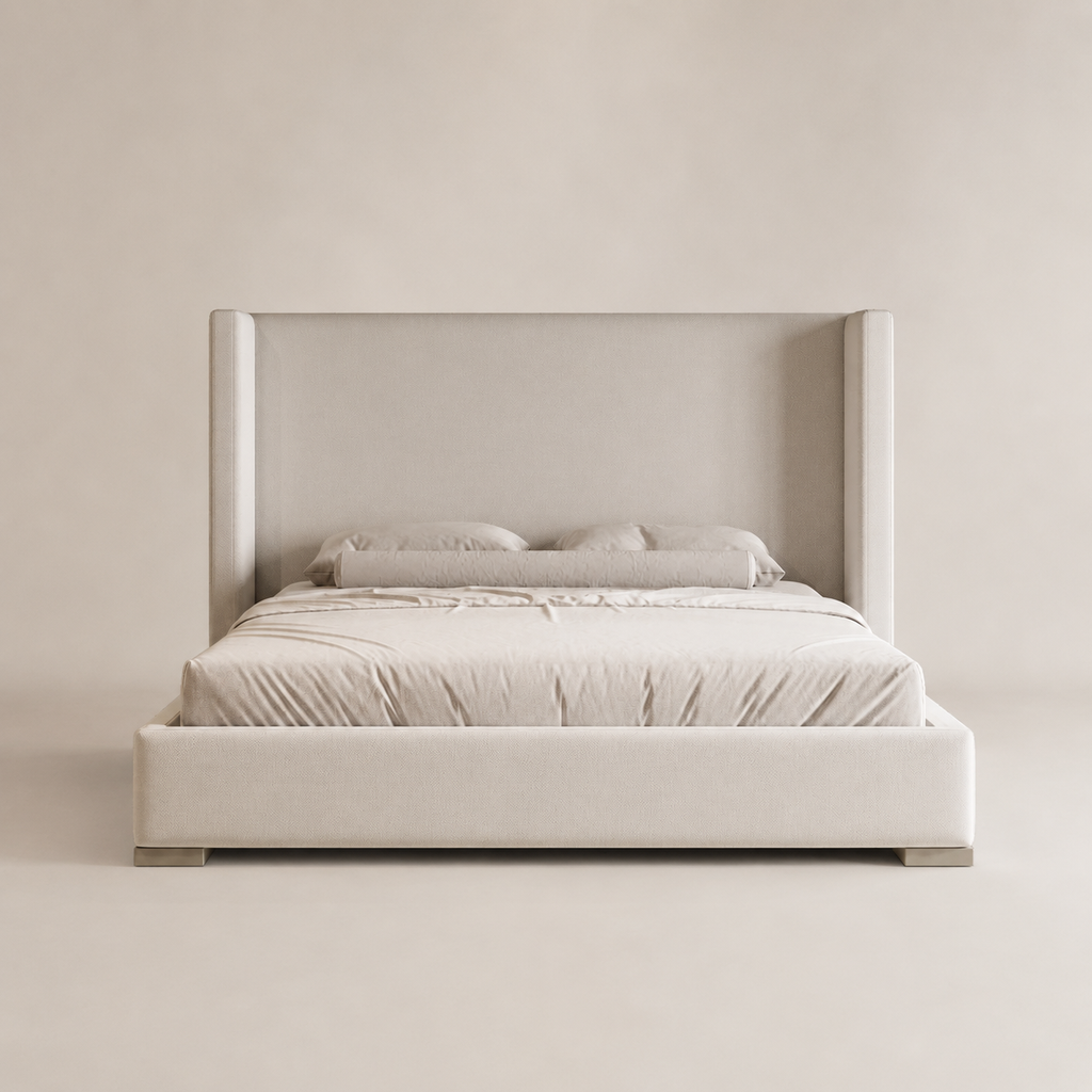 Luxury upholstered bed with wingback headboard, neutral tones, modern bedroom furniture