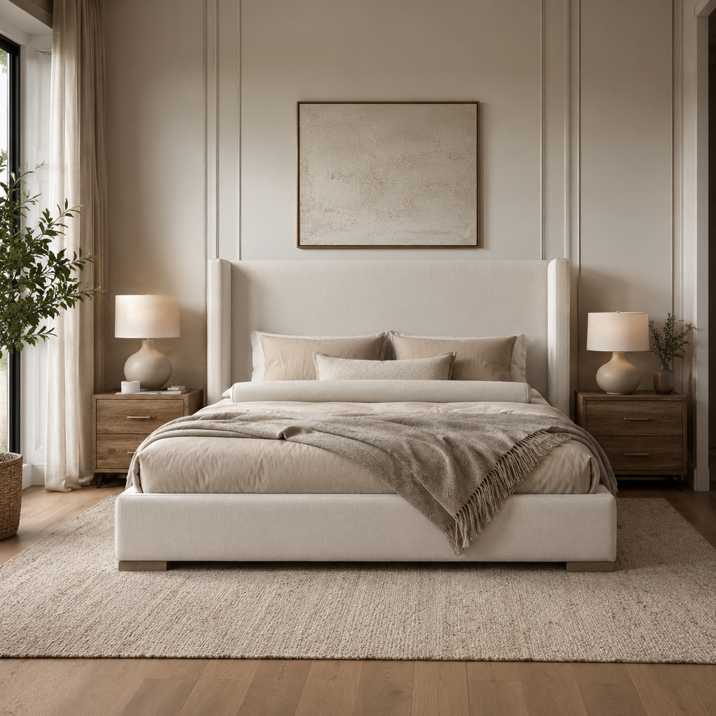 Luxury upholstered bed with neutral bedding, wooden nightstands, and modern bedside lamps in a serene bedroom