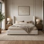 Luxury upholstered bed with neutral bedding, wooden nightstands, and modern bedside lamps in a serene bedroom