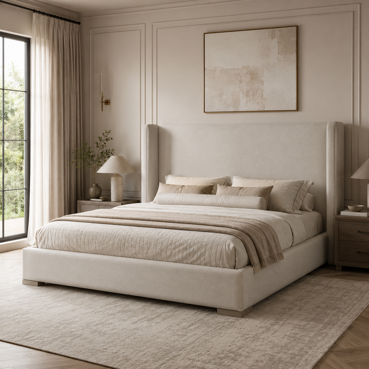 Luxury upholstered bed with tall headboard in neutral tones, styled in modern bedroom with natural light
