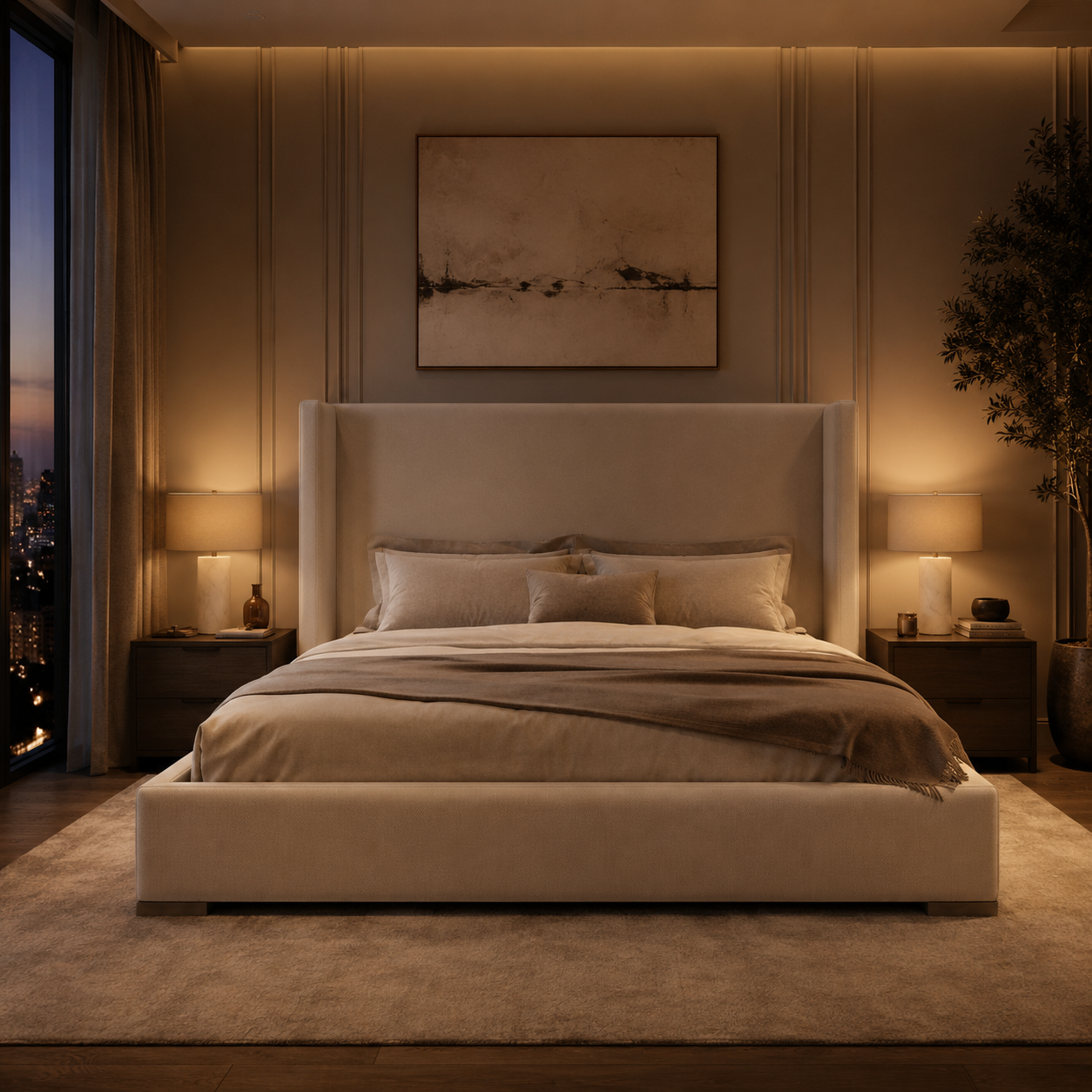 Luxury upholstered bed with wingback headboard in modern bedroom, warm ambient lighting, city view