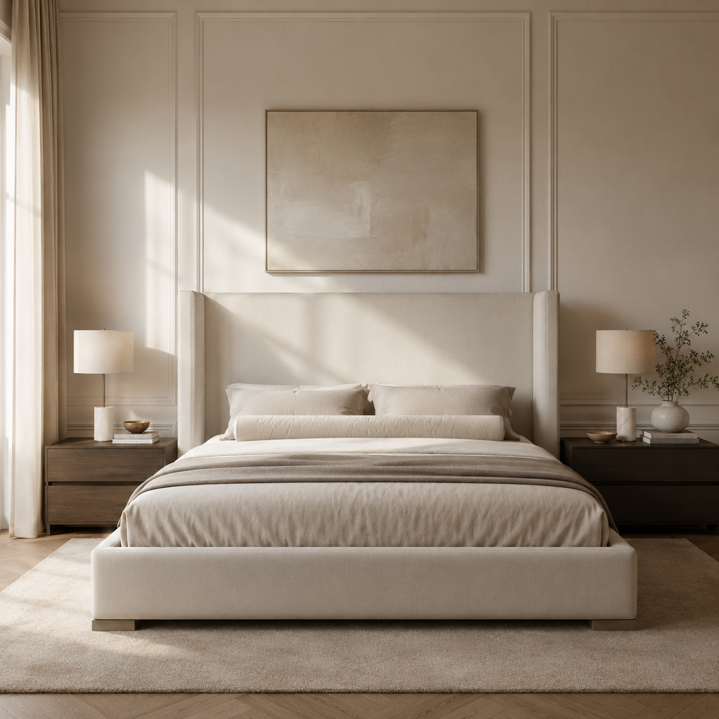 Luxury upholstered bed with neutral bedding in modern bedroom, featuring nightstands and soft lighting