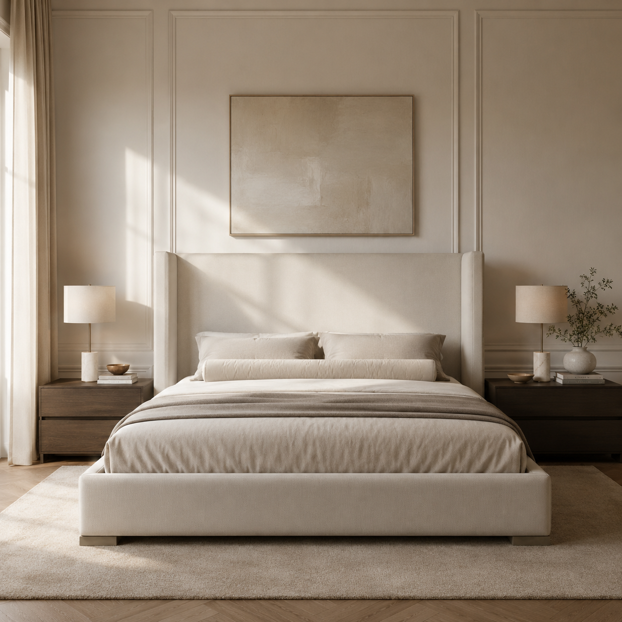 Luxury upholstered bed with neutral bedding in modern bedroom, featuring nightstands and soft lighting
