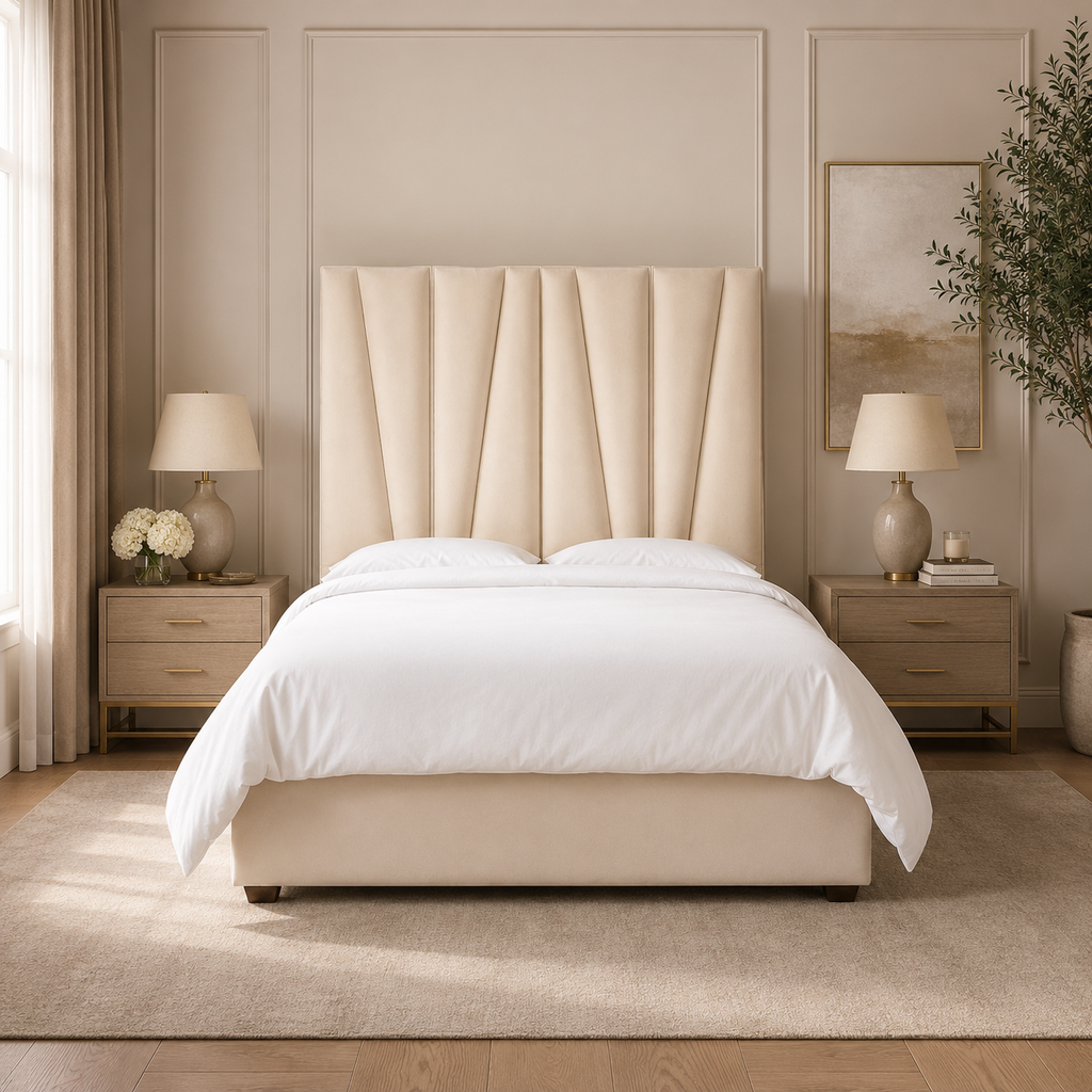 Luxury beige upholstered bed with tufted headboard in modern bedroom, white linens, matching nightstands